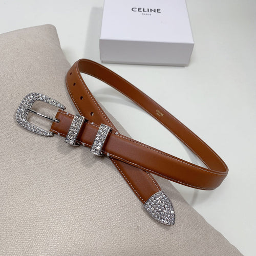 Celine CL 25 MM MARCO BELT WITH STRASS IN BRONZE BROWN CALFSKIN SILVER HARDWARE