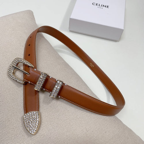 Celine CL 25 MM MARCO BELT WITH STRASS IN BRONZE BROWN CALFSKIN GOLD HARDWARE