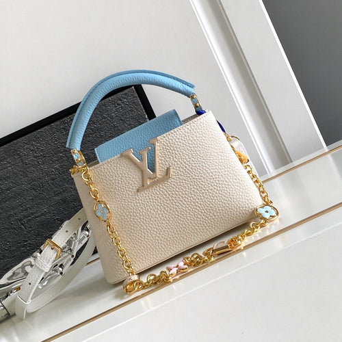 Louis Vuitton CAPUCINES MINI 21 IN PEARL WHITE MIX SKY BLUE TAURILLON GOLD HARDWARE