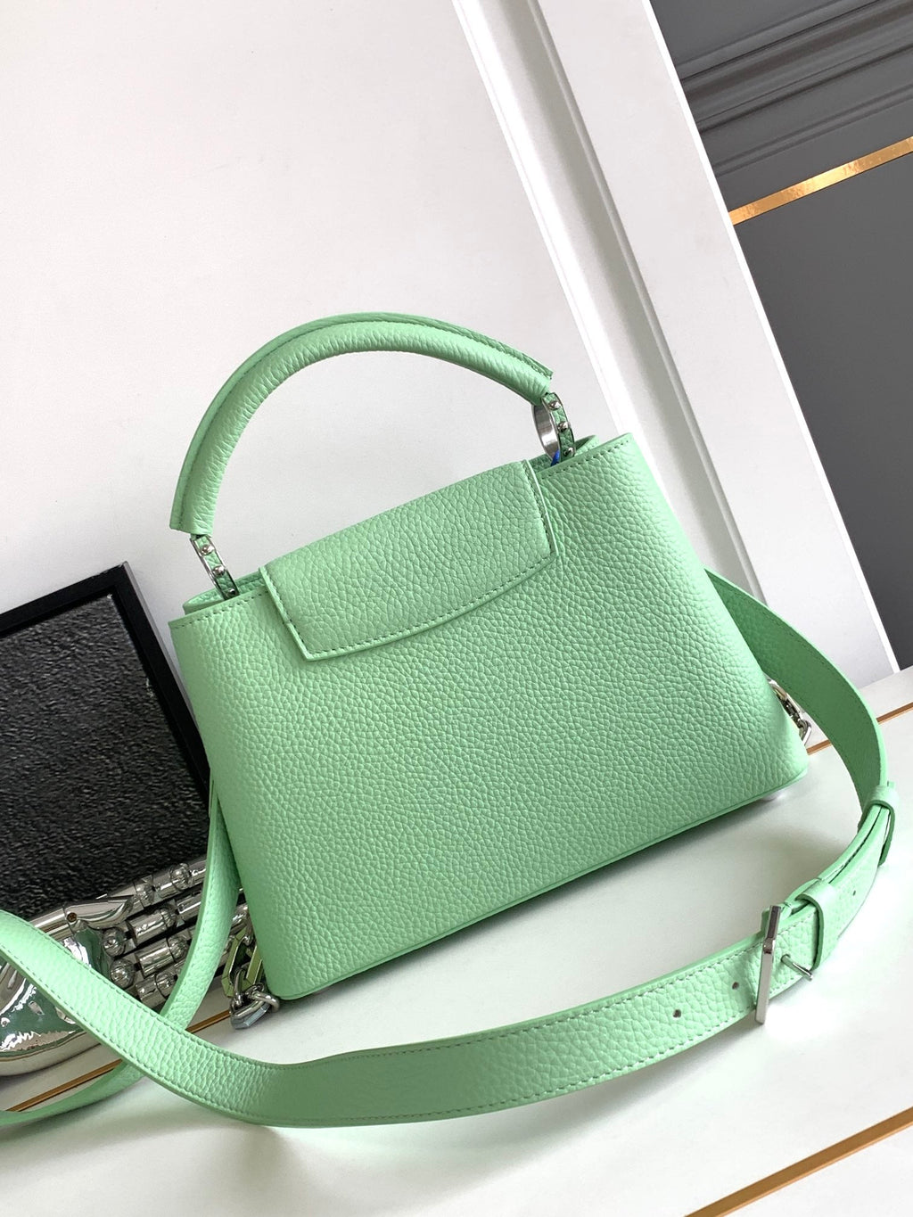 Louis Vuitton CAPUCINES BB 27 IN LIGHT GREEN TAURILLON SILVER HARDWARE