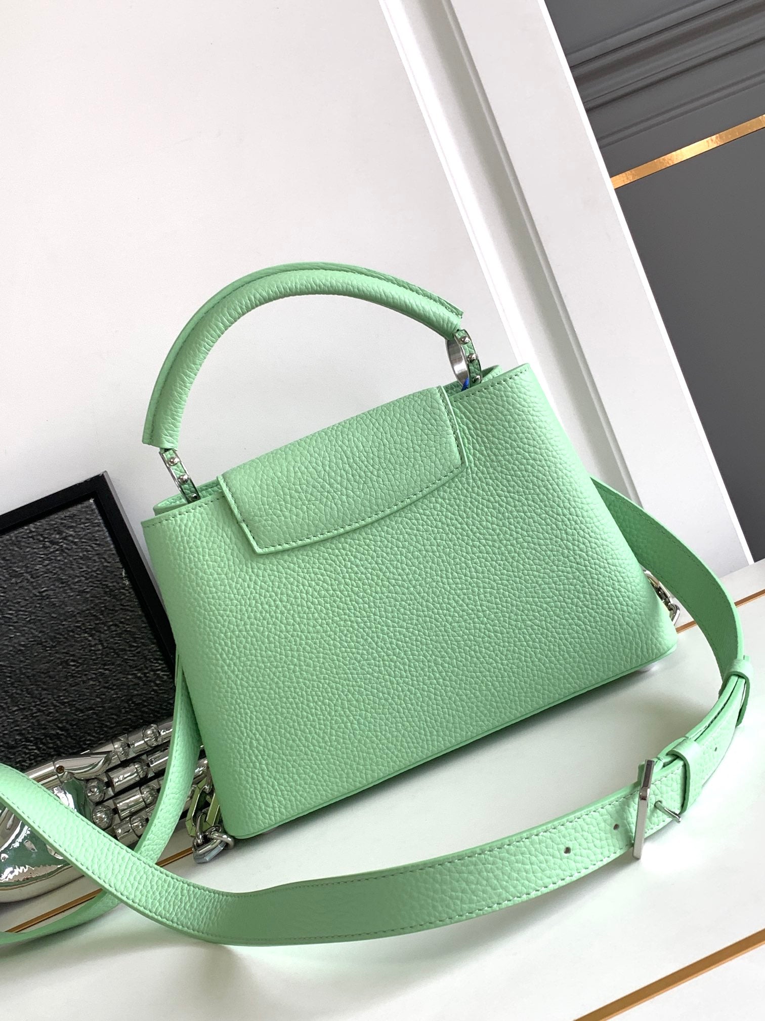 Louis Vuitton CAPUCINES BB 27 IN LIGHT GREEN TAURILLON SILVER HARDWARE