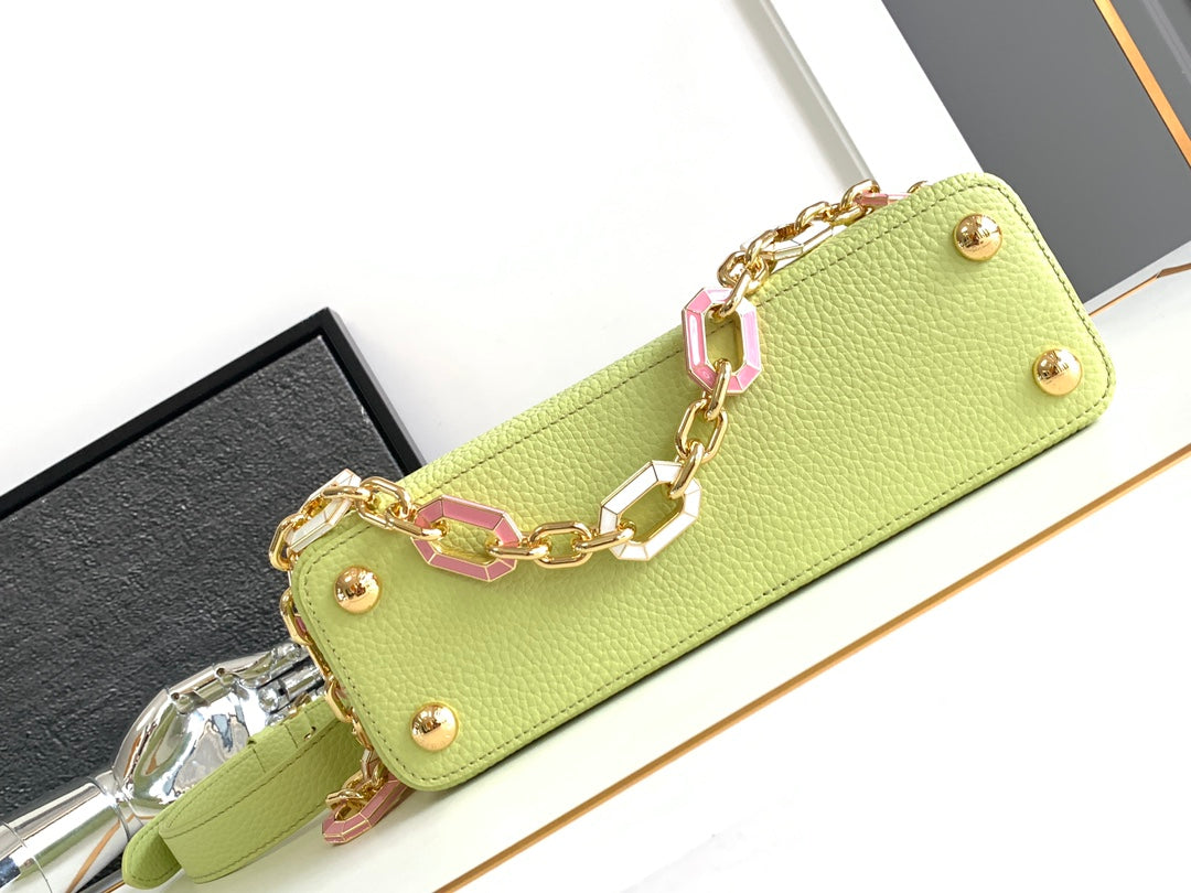 Louis Vuitton CAPUCINES BB 27 IN PEAR GREEN TAURILLON GOLD HARDWARE