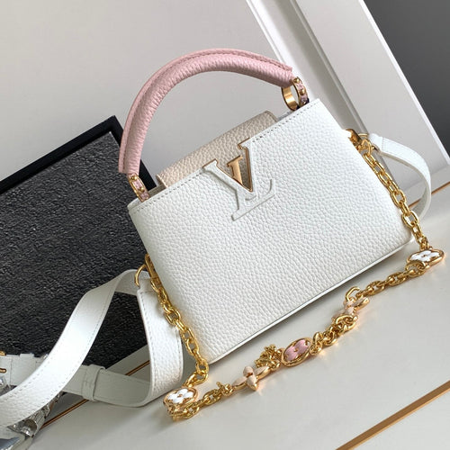 Louis Vuitton CAPUCINES MINI 21 IN WHITE MIX PINK AND BEIGE TAURILLON GOLD HARDWARE