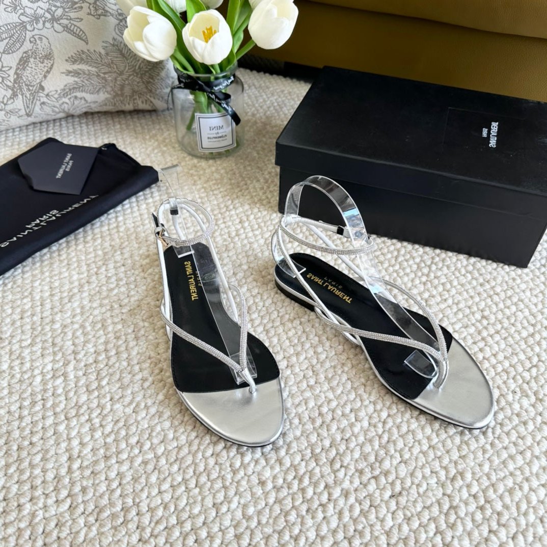Saint Laurent SL CRYSTAL FLAT SANDALS SILVER CALFSKIN