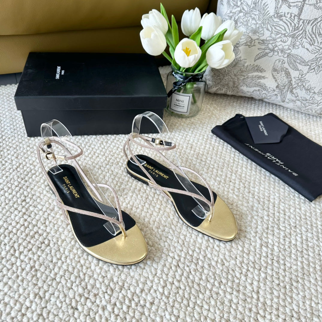 Saint Laurent SL CRYSTAL FLAT SANDALS METALLIC GOLD CALFSKIN