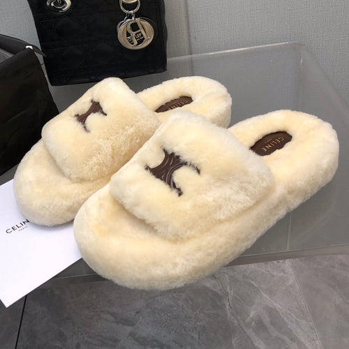 Celine THICK-SOLED SLIPPER IN BEIGE CREAM LAMB FUR