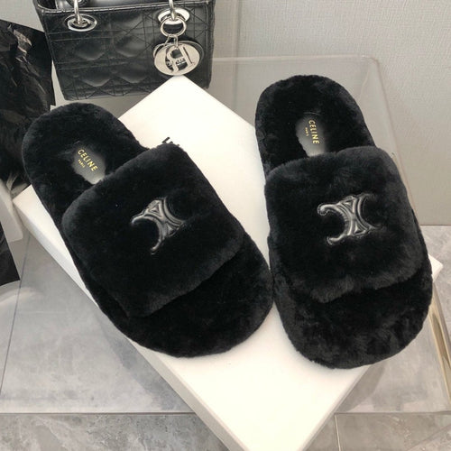Celine THICK-SOLED SLIPPER IN BLACK LAMB FUR