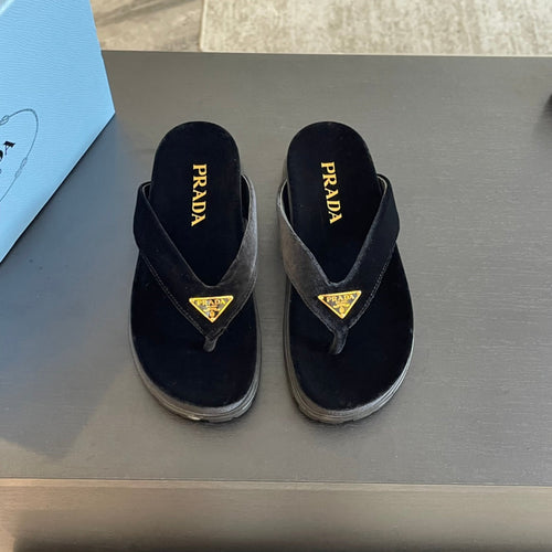 PRADA RUBBER THONG SANDALS BLACK VELVET