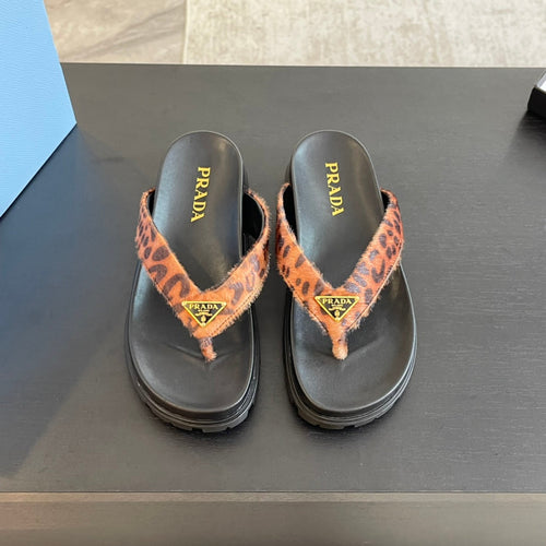 PRADA RUBBER THONG SANDALS BLACK AND LEOPARD MOTIF VELVET