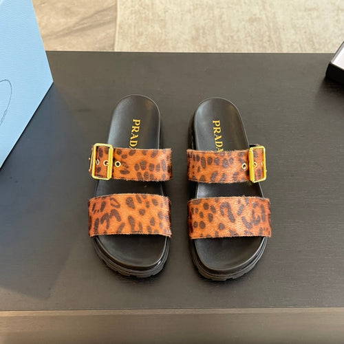 PRADA SLIDES SANDALS BLACK AND LEOPARD MOTIF VELVET