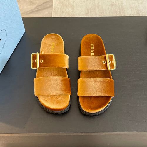 PRADA SLIDES SANDALS OCHRE VELVET