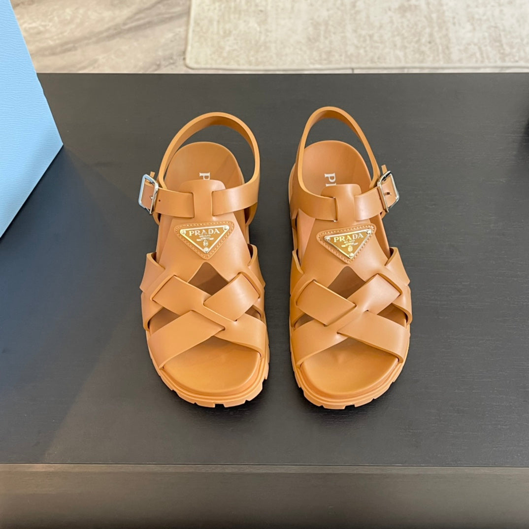 PRADA CRISSCROSS RUBBER SANDALS BRONZE CALFSKIN