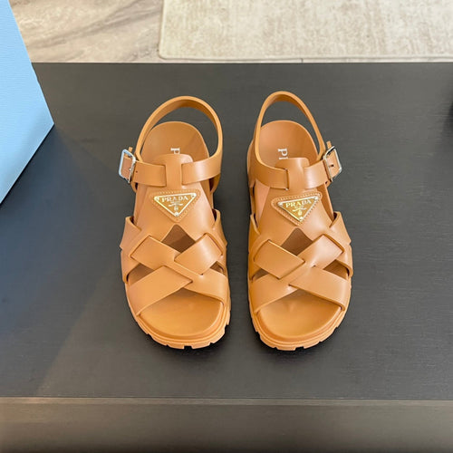 PRADA CRISSCROSS RUBBER SANDALS BRONZE CALFSKIN