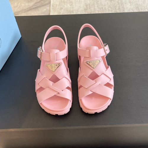 PRADA CRISSCROSS RUBBER SANDALS LIGHT PINK CALFSKIN