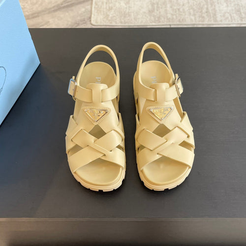 PRADA CRISSCROSS RUBBER SANDALS CREAM CALFSKIN