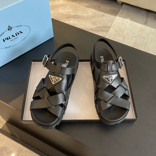 PRADA CRISSCROSS RUBBER SANDALS BLACK CALFSKIN