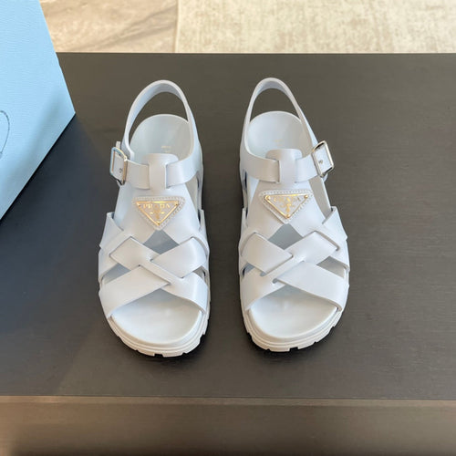 PRADA CRISSCROSS RUBBER SANDALS WHITE CALFSKIN