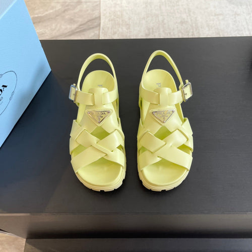 PRADA CRISSCROSS RUBBER SANDALS LIME CALFSKIN
