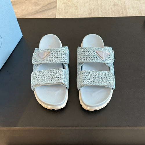 PRADA RAFFIA CORK SLIDE SKY CALFSKIN