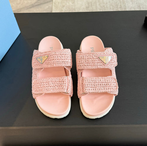 PRADA RAFFIA CORK SLIDE LIGHT PINK CALFSKIN