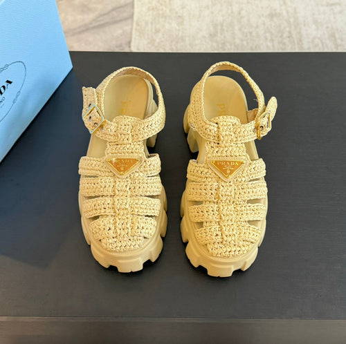 PRADA MONOLITH CROCHET CAGE SANDALS PASTEL YELLOW LAMBSKIN