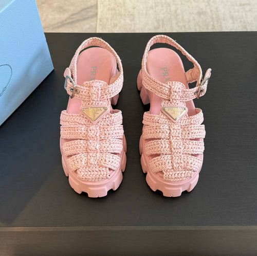 PRADA MONOLITH CROCHET CAGE SANDALS LIGHT PINK LAMBSKIN