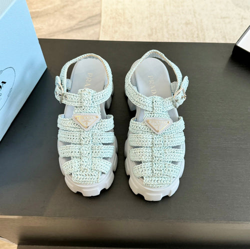 PRADA MONOLITH CROCHET CAGE SANDALS PASTEL BLUE LAMBSKIN
