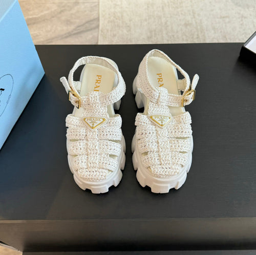PRADA MONOLITH CROCHET CAGE SANDALS WHITE LAMBSKIN