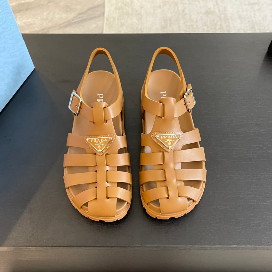 PRADA RUBBER FISHERMAN SANDALS BRONZE CALFSKIN