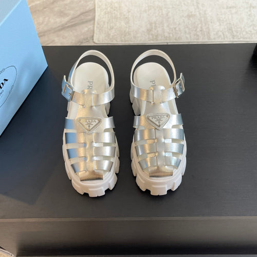 PRADA RUBBER MONOLITH SANDALS SILVER CALFSKIN