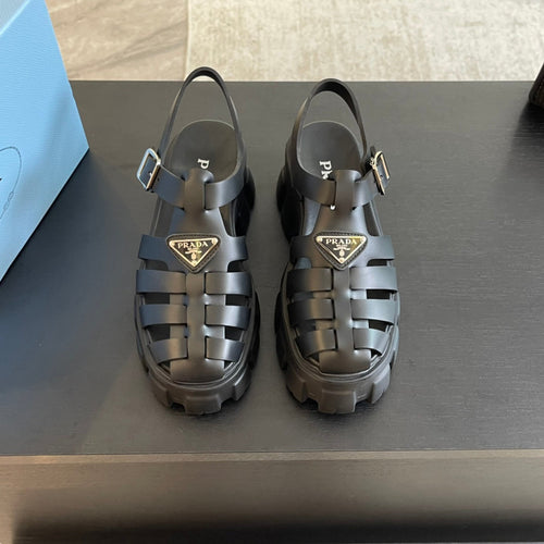 PRADA RUBBER MONOLITH SANDALS BLACK CALFSKIN