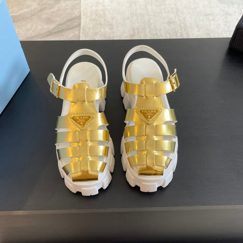 PRADA RUBBER MONOLITH SANDALS METALLIC GOLD CALFSKIN