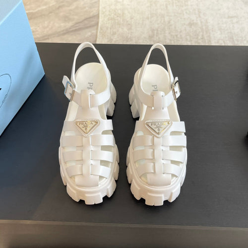 PRADA RUBBER MONOLITH SANDALS WHITE CALFSKIN