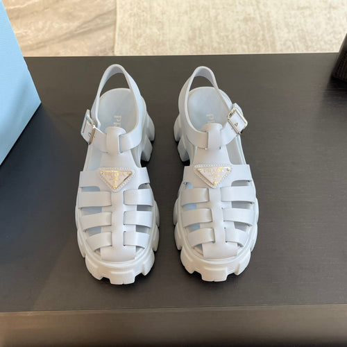 PRADA RUBBER MONOLITH SANDALS PASTEL BLUE CALFSKIN