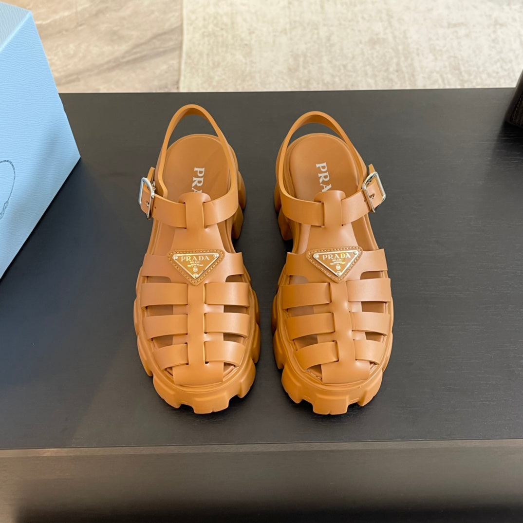 PRADA RUBBER MONOLITH SANDALS BRONZE CALFSKIN