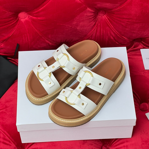 Celine Sandal Flat White Brown Canvas