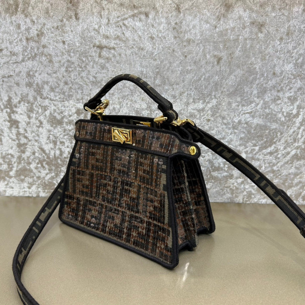 FENDI FENDI PEEKABOO ISEEU 20 BAG IN CHOCOLATE BROWN MIX BLACK NAPPA LEATHER GOLD HARDWARE