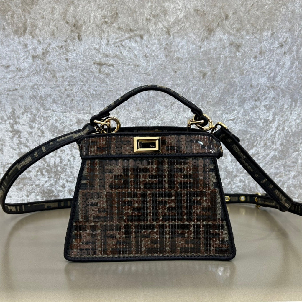 FENDI FENDI PEEKABOO ISEEU 20 BAG IN CHOCOLATE BROWN MIX BLACK NAPPA LEATHER GOLD HARDWARE