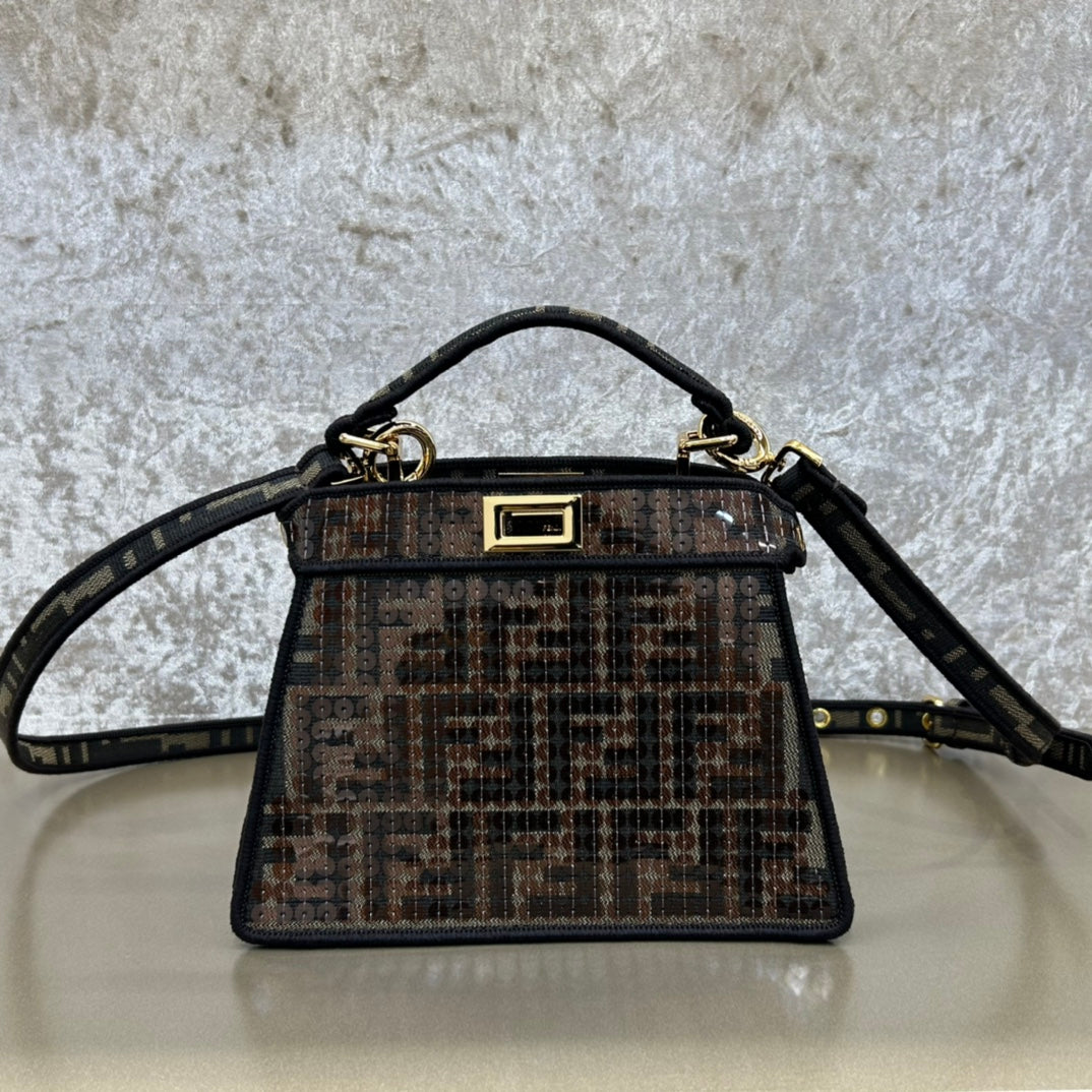 FENDI FENDI PEEKABOO ISEEU 20 BAG IN CHOCOLATE BROWN MIX BLACK NAPPA LEATHER GOLD HARDWARE