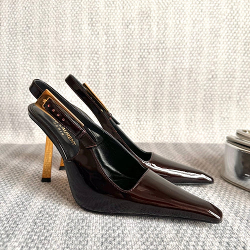 Saint Laurent LEE SLINGBACK PUMPS 105 IN MAROON PATENT LEATHER GOLD HEEL