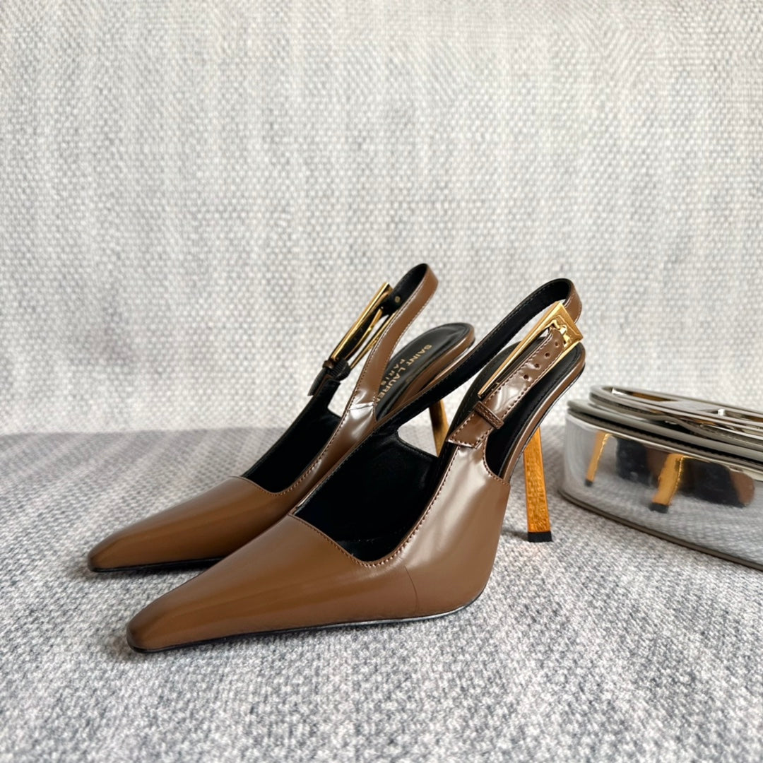 Saint Laurent LEE SLINGBACK PUMPS 105 IN BROWN PATENT LEATHER GOLD HEEL