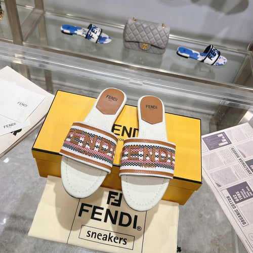 FENDI FF Women Signature Slides Tan White Canvas Slide