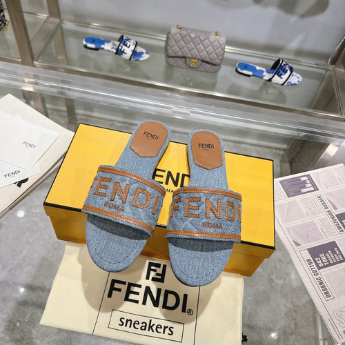 FENDI FF Women Signature Slides Tan Denim Canvas Slide