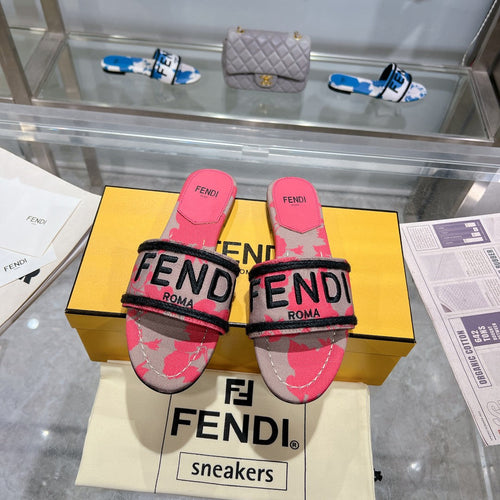 FENDI FF Women Signature Slides Dark Pink Gray Canvas Slide