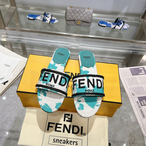 FENDI FF Women Signature Slides Turquoise White Canvas Slide