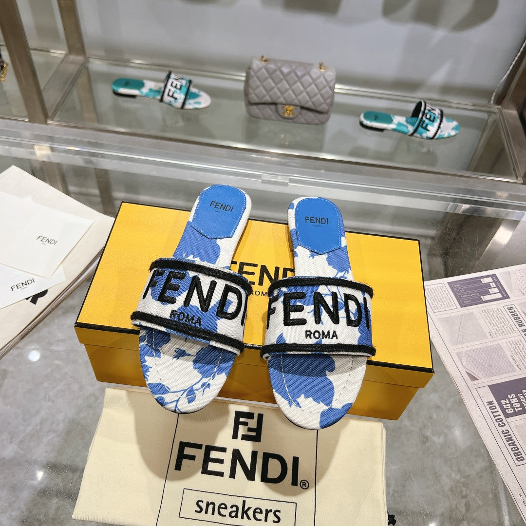 FENDI FF Women Signature Slides Blue White Canvas Slide