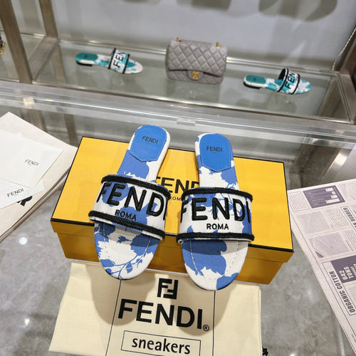 FENDI FF Women Signature Slides Blue White Canvas Slide