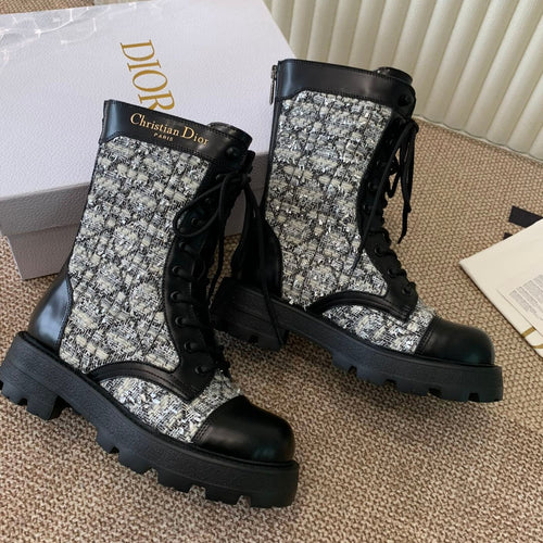 DIOR D-Unit Ankle Boot In White Mix Black Tweed Fabric And Cowhide 113476