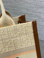 DIOR Small Book Tote 27 Beige Oblique Embroidered Raffia Camel Calfskin