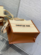 DIOR Small Book Tote 27 Beige Oblique Embroidered Raffia Camel Calfskin